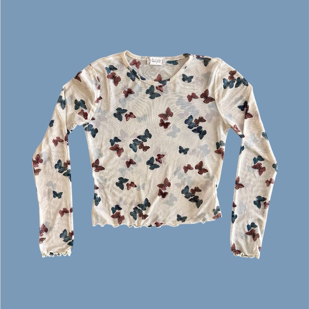 Altar’d State Women’s S Sheer Mesh Crop Top‎ Butterfly Blouse Lettuce Hem AOP